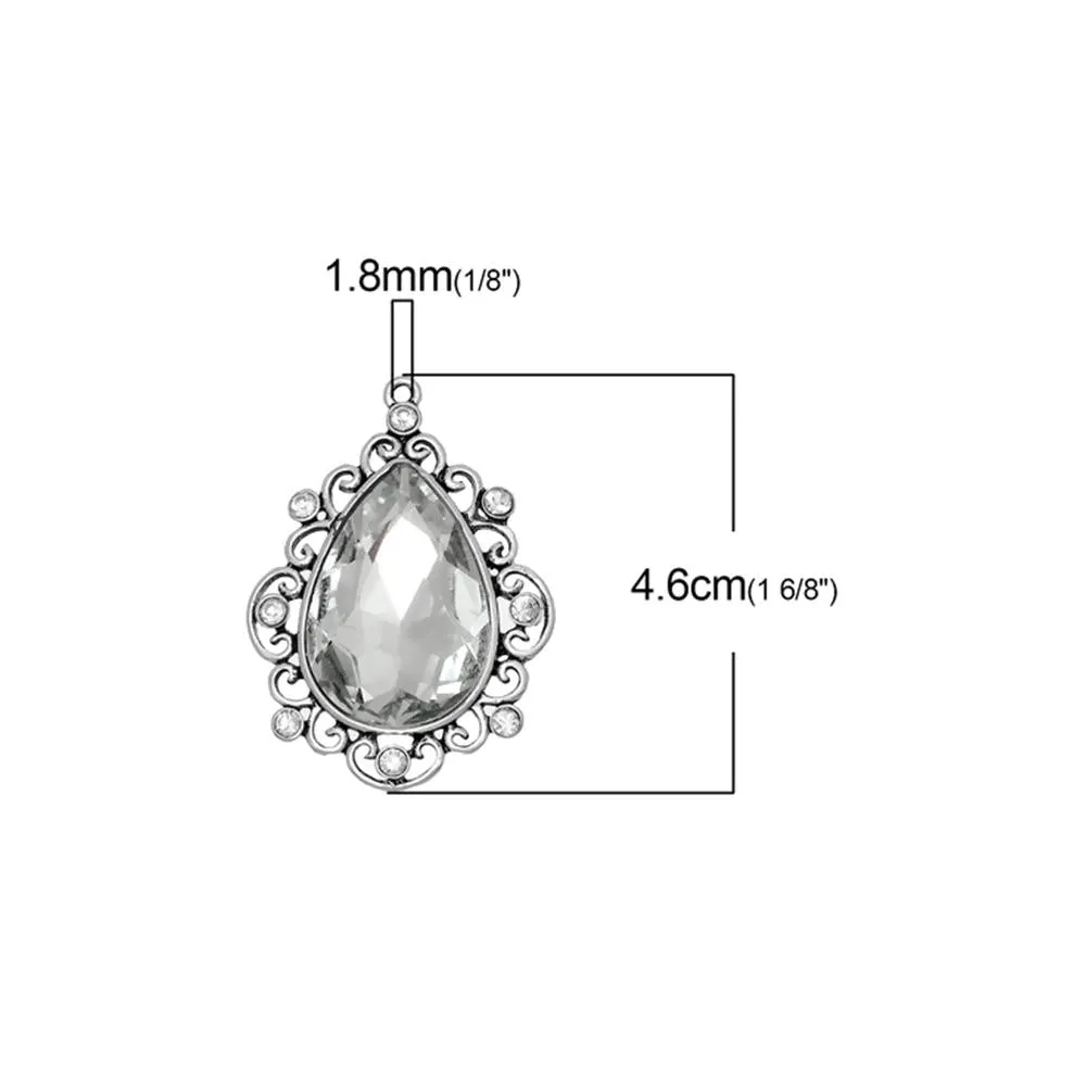 1 Pc Tibetan Silver TEARDROP CLEAR RHINESTONE WITH GLASS CABOCHONS 46mm x 34mm Charms Pendants, Lead & Nickel Free Metal Charms Pendants Beads