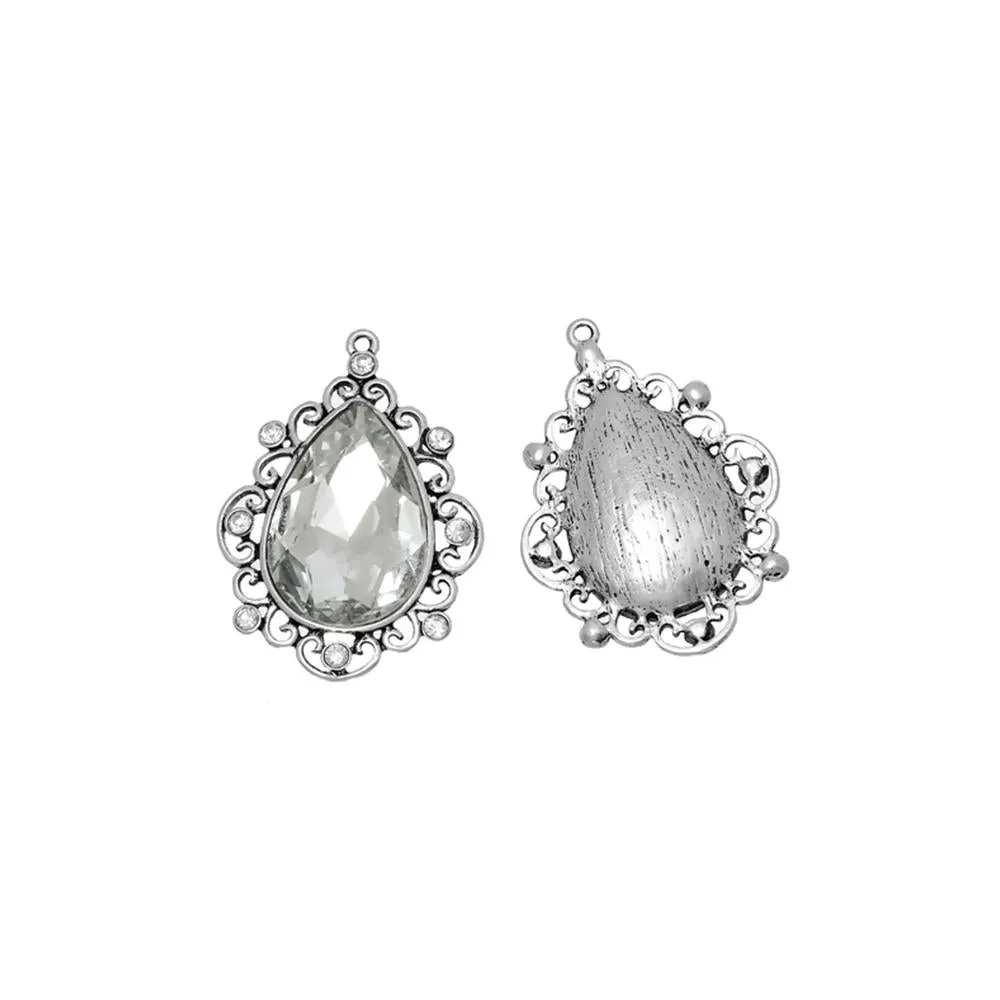 1 Pc Tibetan Silver TEARDROP CLEAR RHINESTONE WITH GLASS CABOCHONS 46mm x 34mm Charms Pendants, Lead & Nickel Free Metal Charms Pendants Beads