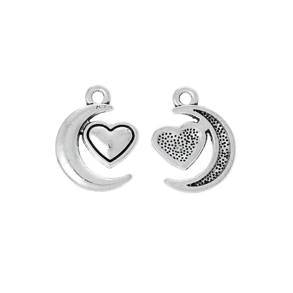 10 Pcs Tibetan Silver HALF MOON WITH HEART 18mm x 14mm Charms Pendants, Lead & Nickel Free Metal Charms Pendants Beads