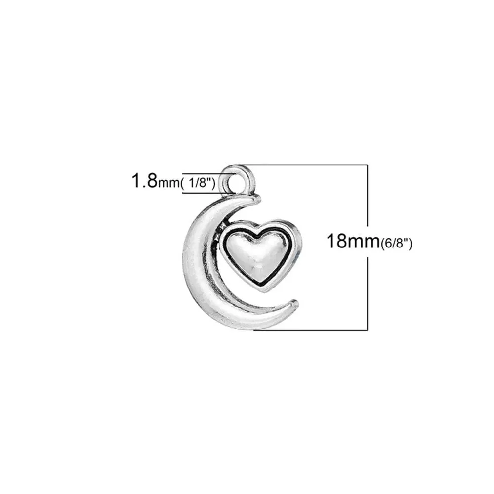 10 Pcs Tibetan Silver HALF MOON WITH HEART 18mm x 14mm Charms Pendants, Lead & Nickel Free Metal Charms Pendants Beads