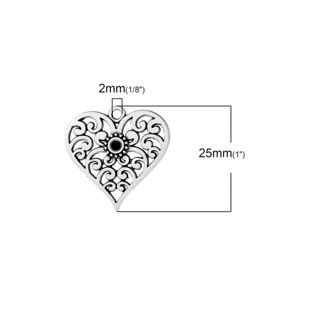 10 Pcs Tibetan Silver PATTERENED HEART WITH FLOWER 25mm x 25mm Charms Pendants, Lead & Nickel Free Metal Charms Pendants Beads
