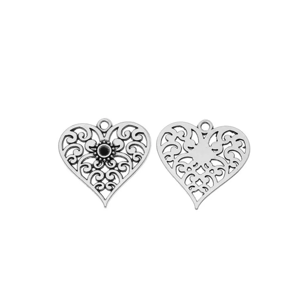 10 Pcs Tibetan Silver PATTERENED HEART WITH FLOWER 25mm x 25mm Charms Pendants, Lead & Nickel Free Metal Charms Pendants Beads