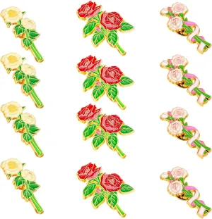 12 Pcs Red Rose Flower Enamel Lapel Pin, Carnation and Lily Flower Lapel Pins, 1.5 inch Metal Badge Brooch for Women Men Clothes Bags Hats