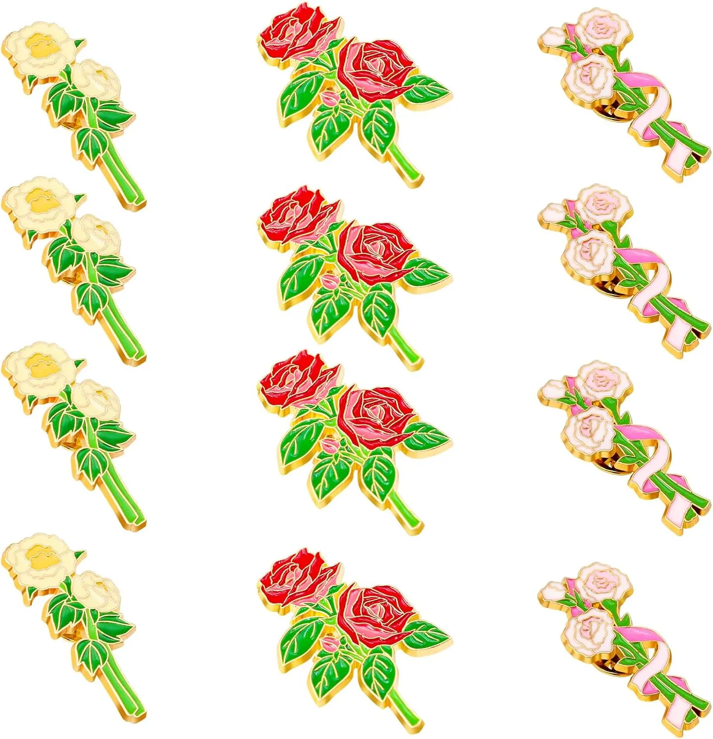 12 Pcs Red Rose Flower Enamel Lapel Pin, Carnation and Lily Flower Lapel Pins, 1.5 inch Metal Badge Brooch for Women Men Clothes Bags Hats