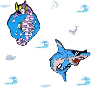 2Pcs Cool Shark Lapel Pin, Funny Seahorse Enamel Badge, Creative Animal Cartoon Brooch, Marine Alloy Animal Pin is Suitable for Daily Wear Clothes, Bags, Hats, Party Collection and Gift Giving