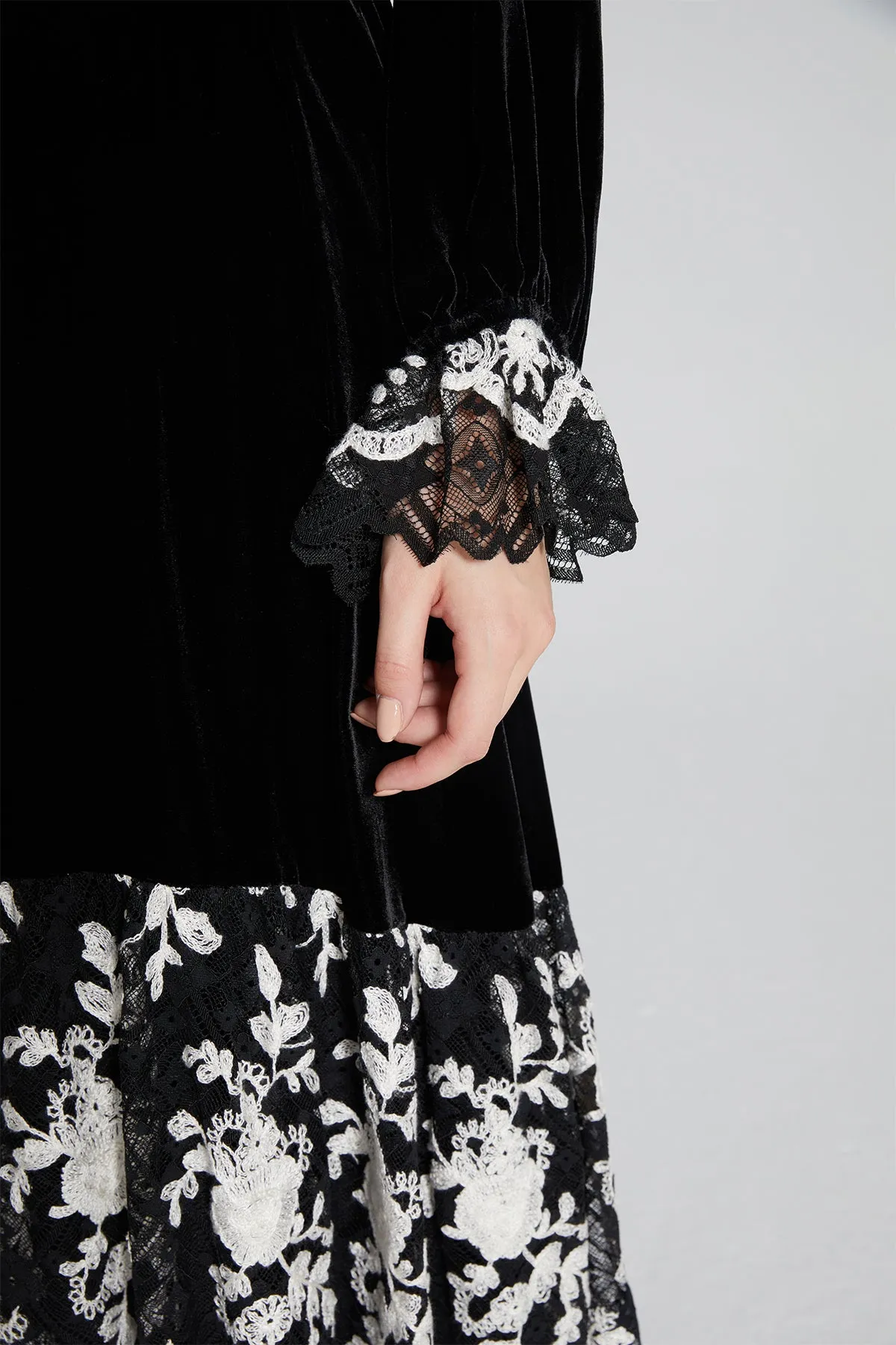 Asha Hollow Out Lace Splice Velvet Dress