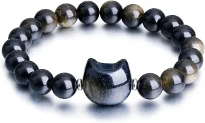 Beaded Bracelets for Women, Black Obsidian Money Attraction Bracelet, 8mm Healing Relax Anxiety Luck Crystal Bead Bracelets, Adjustable Jewelry Feng Shui Stretch Bracelet Cat Lover Gifts for Women Men
