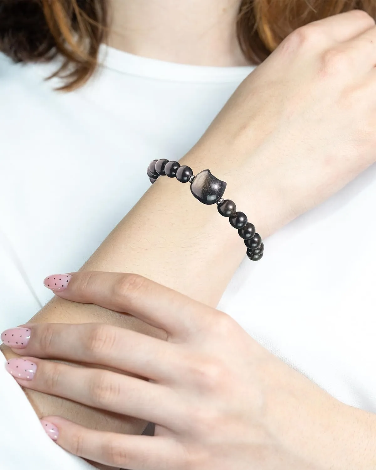 Beaded Bracelets for Women, Black Obsidian Money Attraction Bracelet, 8mm Healing Relax Anxiety Luck Crystal Bead Bracelets, Adjustable Jewelry Feng Shui Stretch Bracelet Cat Lover Gifts for Women Men