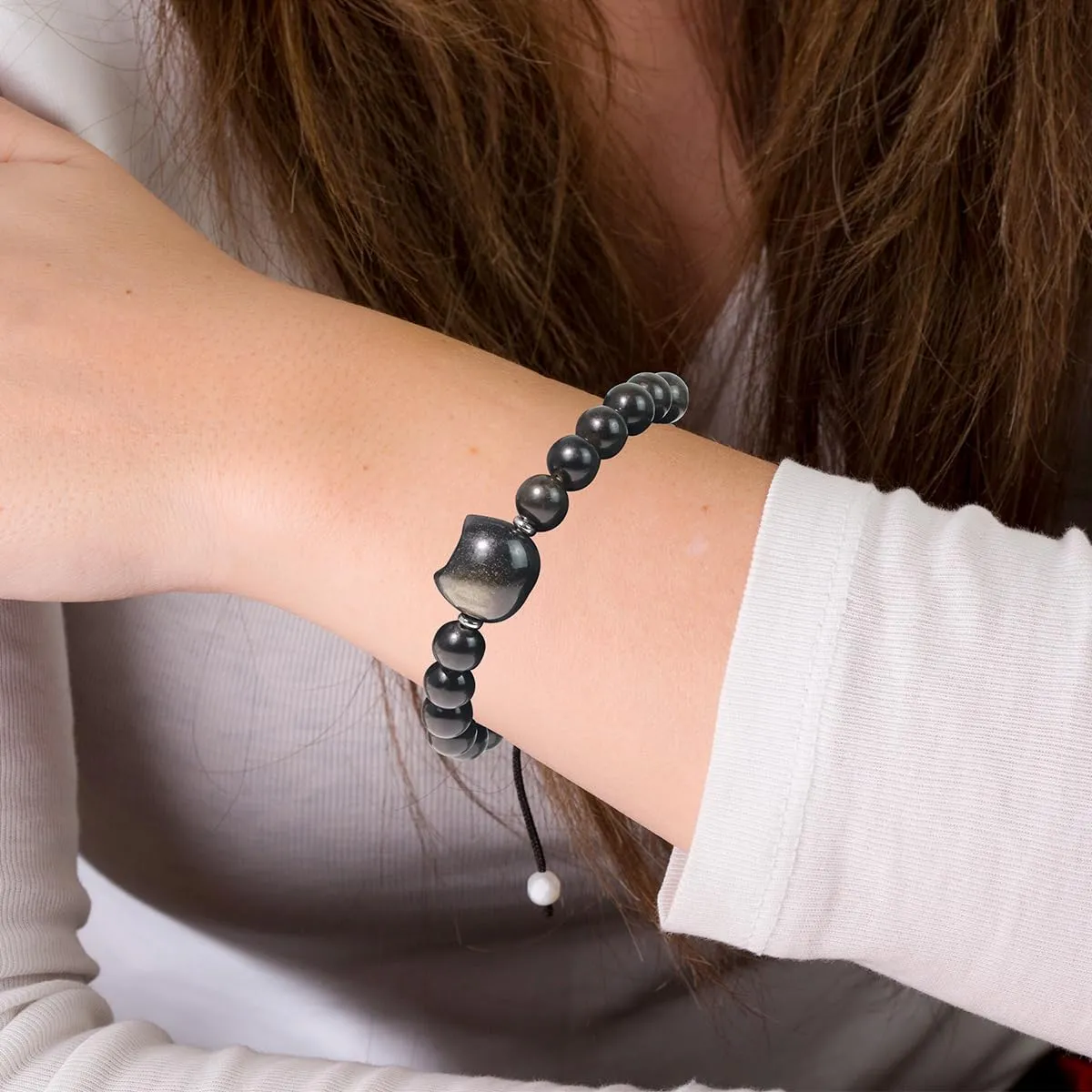 Beaded Bracelets for Women, Black Obsidian Money Attraction Bracelet, 8mm Healing Relax Anxiety Luck Crystal Bead Bracelets, Adjustable Jewelry Feng Shui Stretch Bracelet Cat Lover Gifts for Women Men