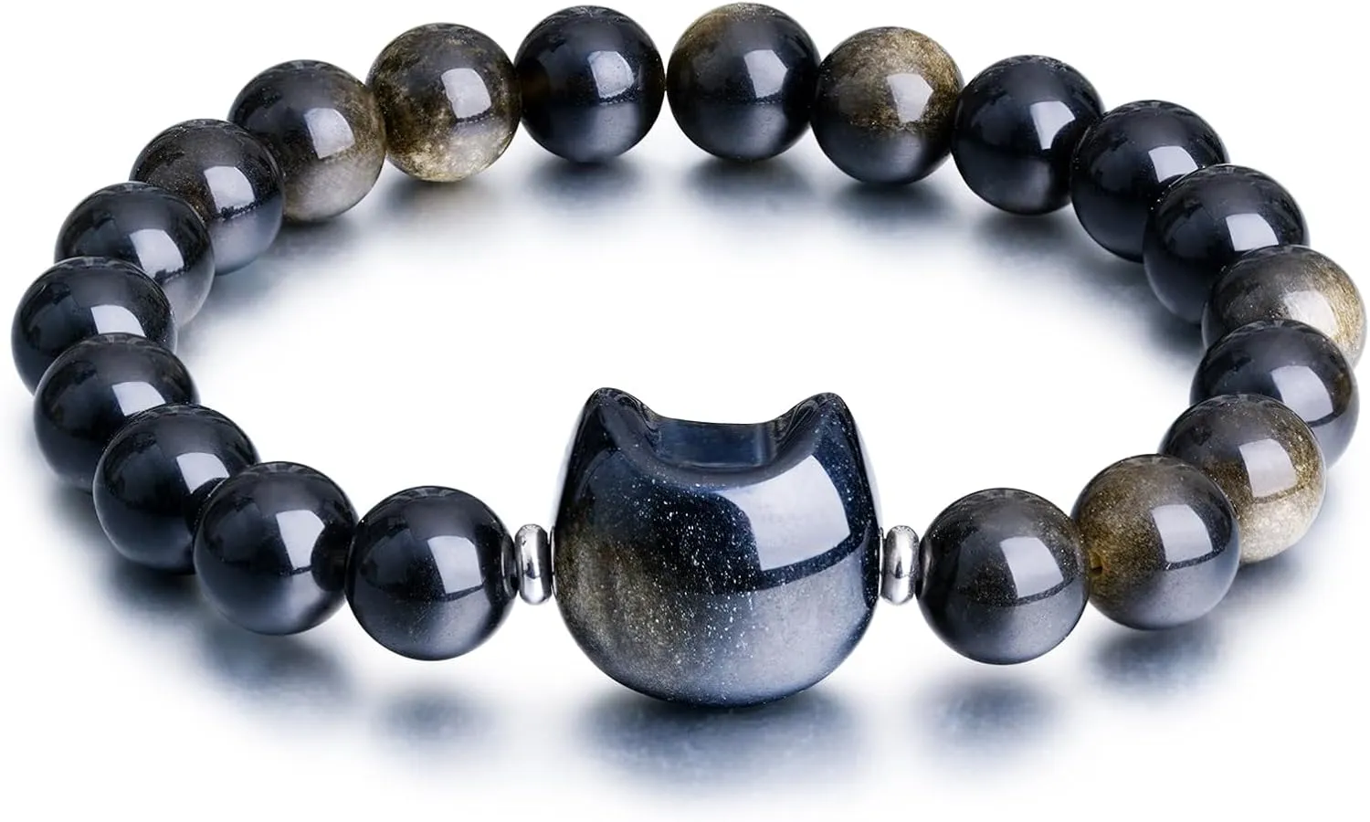 Beaded Bracelets for Women, Black Obsidian Money Attraction Bracelet, 8mm Healing Relax Anxiety Luck Crystal Bead Bracelets, Adjustable Jewelry Feng Shui Stretch Bracelet Cat Lover Gifts for Women Men
