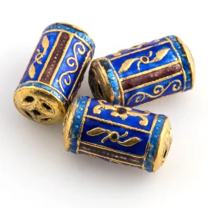Blue enamel and gold plate cylinder bead with floral ornamental design.  China.  18x10mm. Pkg.2. b2-665