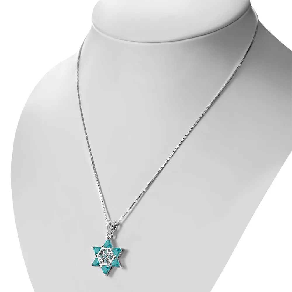 Blue Topaz CZ Jerusalem Star Of David Silver Pendant
