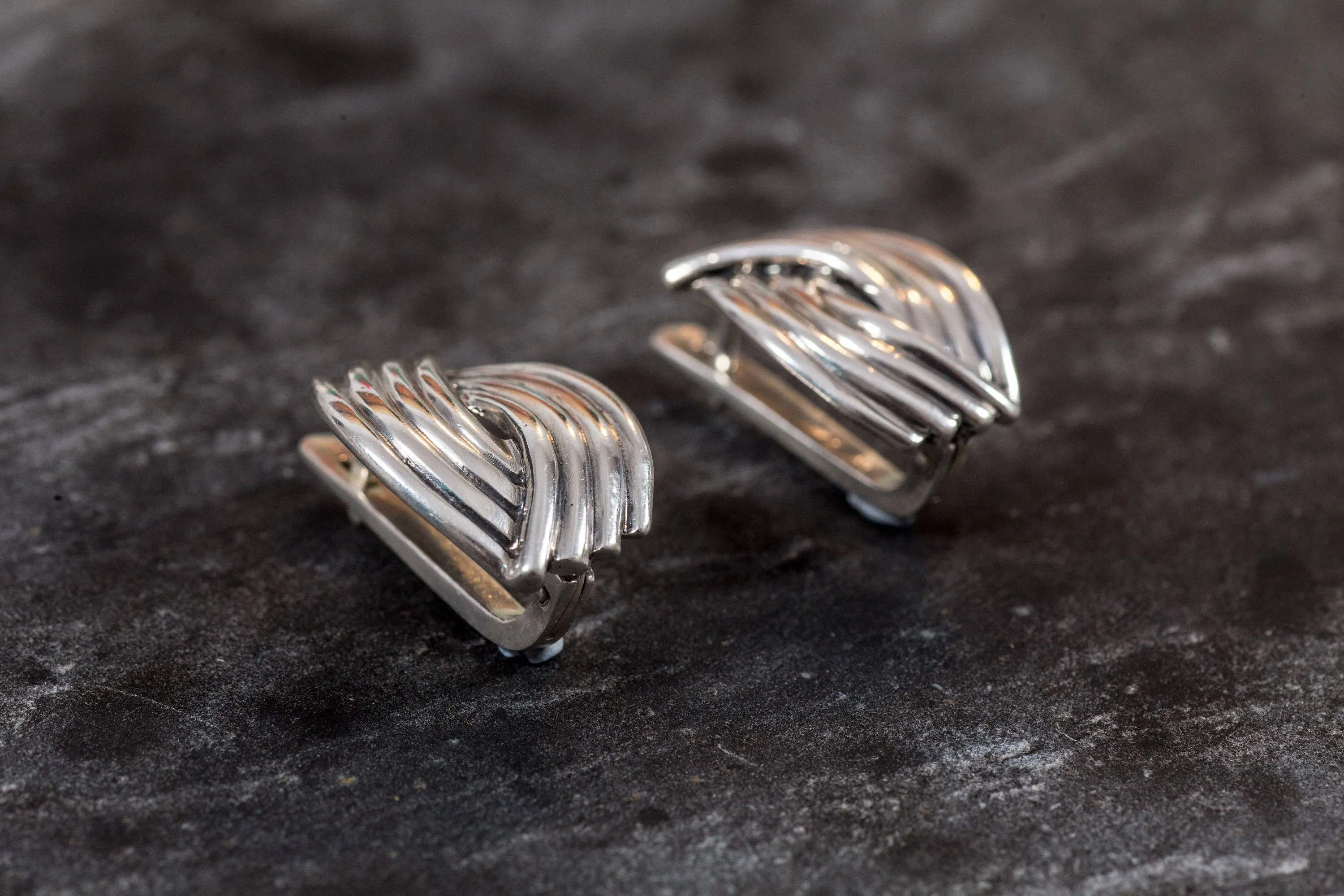 Chunky Silver Ring - Silver Ribbed Earrings - Statement Designer Earrings
