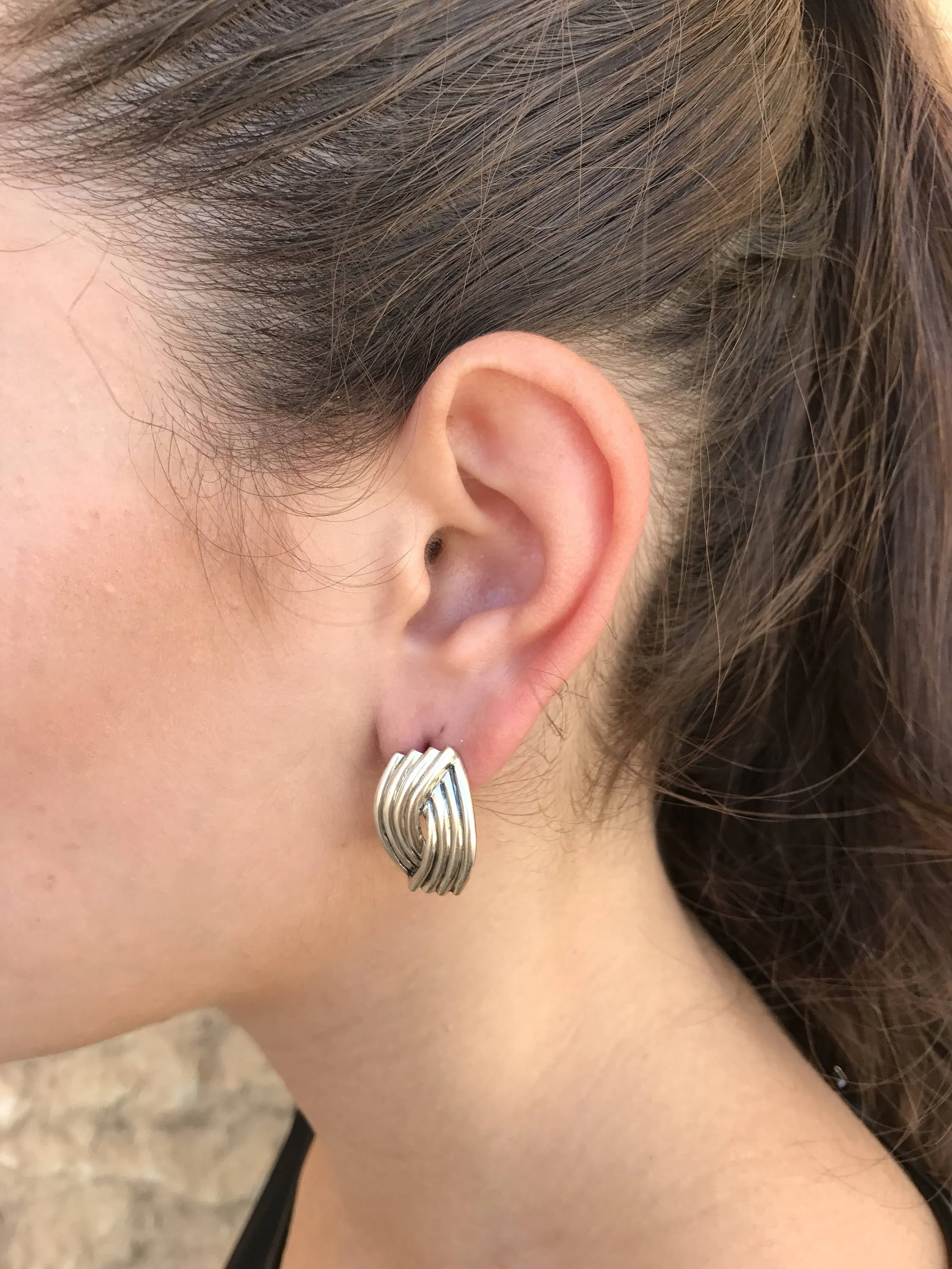 Chunky Silver Ring - Silver Ribbed Earrings - Statement Designer Earrings