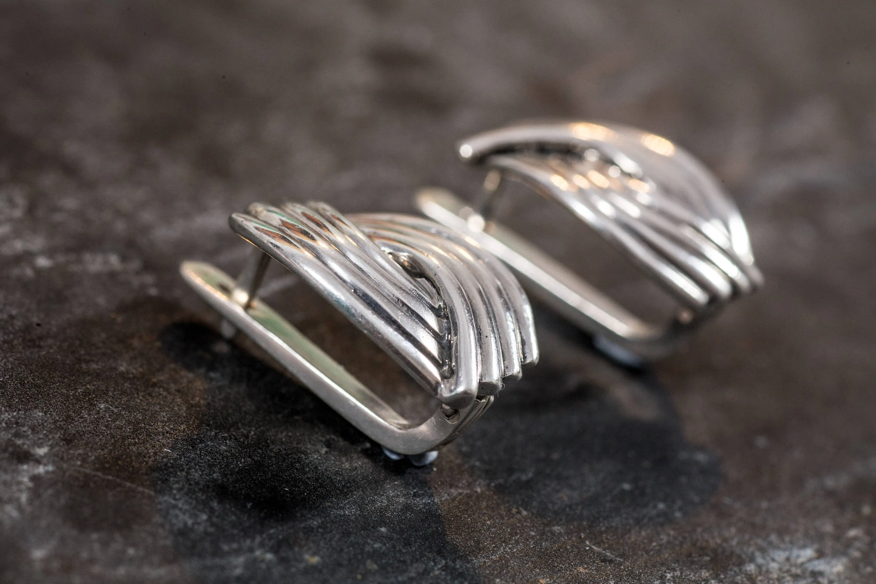 Chunky Silver Ring - Silver Ribbed Earrings - Statement Designer Earrings