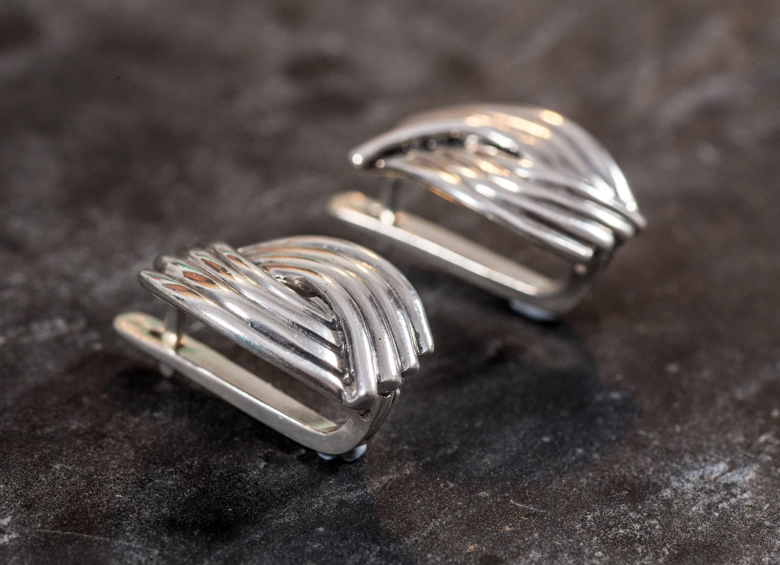 Chunky Silver Ring - Silver Ribbed Earrings - Statement Designer Earrings