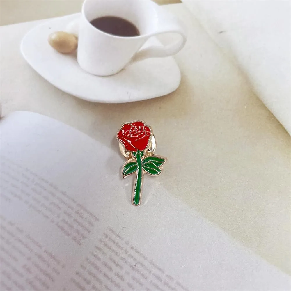Cute Red Rose Flower Lovers Couples Badge Brooch Lapel Pins for Women Men Him Her Lovely Valentine's Day Brooches Pin Hat Bag Clothes Accessory Jewelry Gift Birthday
