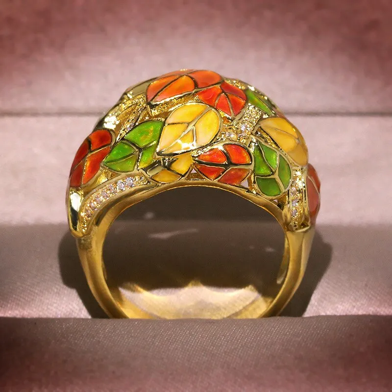 Fashion Jewelry Autumn leaves Enamel Ring for Women with Zircon in 925 Sterling Silver
