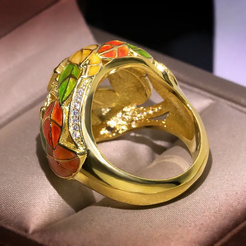 Fashion Jewelry Autumn leaves Enamel Ring for Women with Zircon in 925 Sterling Silver