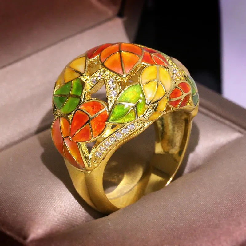 Fashion Jewelry Autumn leaves Enamel Ring for Women with Zircon in 925 Sterling Silver