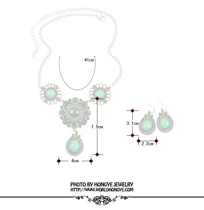 Fashion Women Ethnic Shiny Crystal Green Flower Pendent Necklace & Earring Statement Jewelry Sets