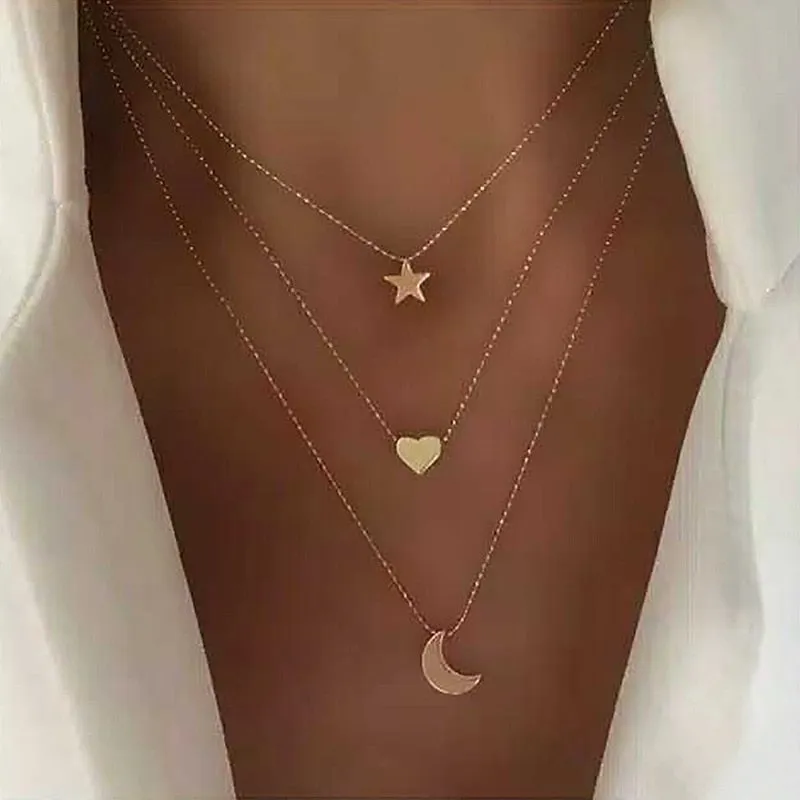 Flytonn LATS Gold Color Choker Necklace For Women Multilayer Long Moon Tassel Pendant Chain Necklaces & Pendants Chokers Fashion Jewelry