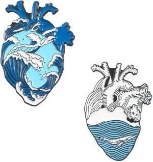 KOOBOOK 2Pcs Blue Romantic Ocean Wave Whale Brooch Human Heart Enamel Pin Lapel pins Heart Anatomy Badges