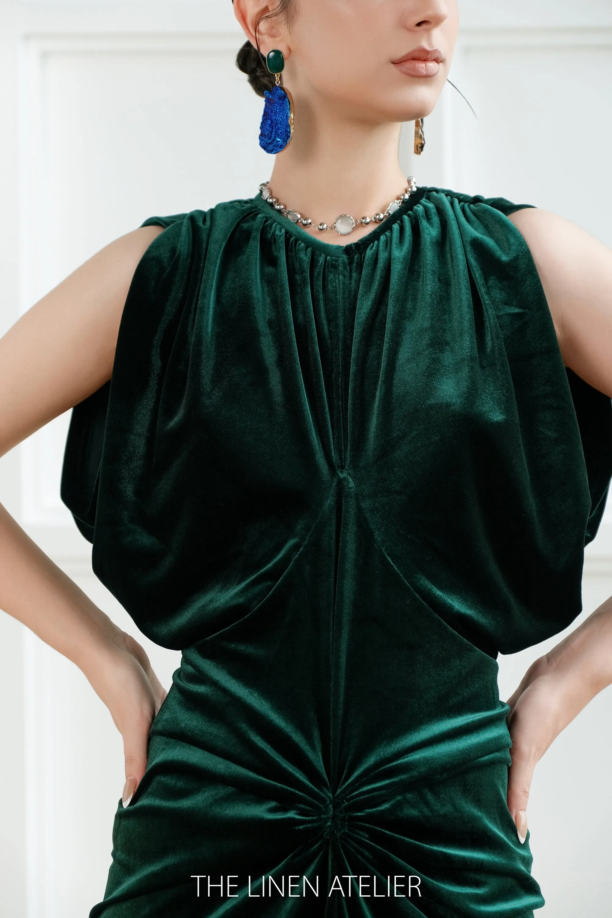LINDSAY Draped Sleeves Velvet Evening Gown