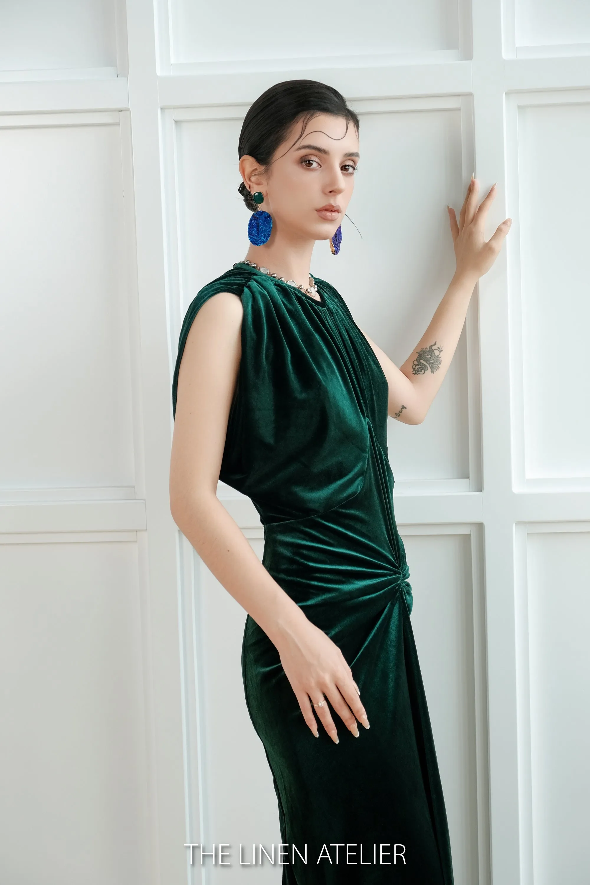 LINDSAY Draped Sleeves Velvet Evening Gown