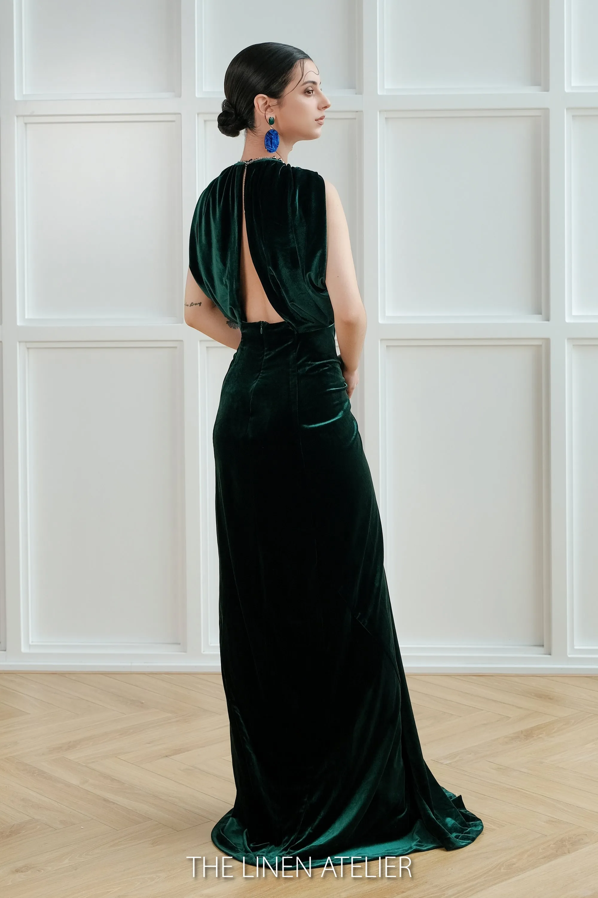 LINDSAY Draped Sleeves Velvet Evening Gown