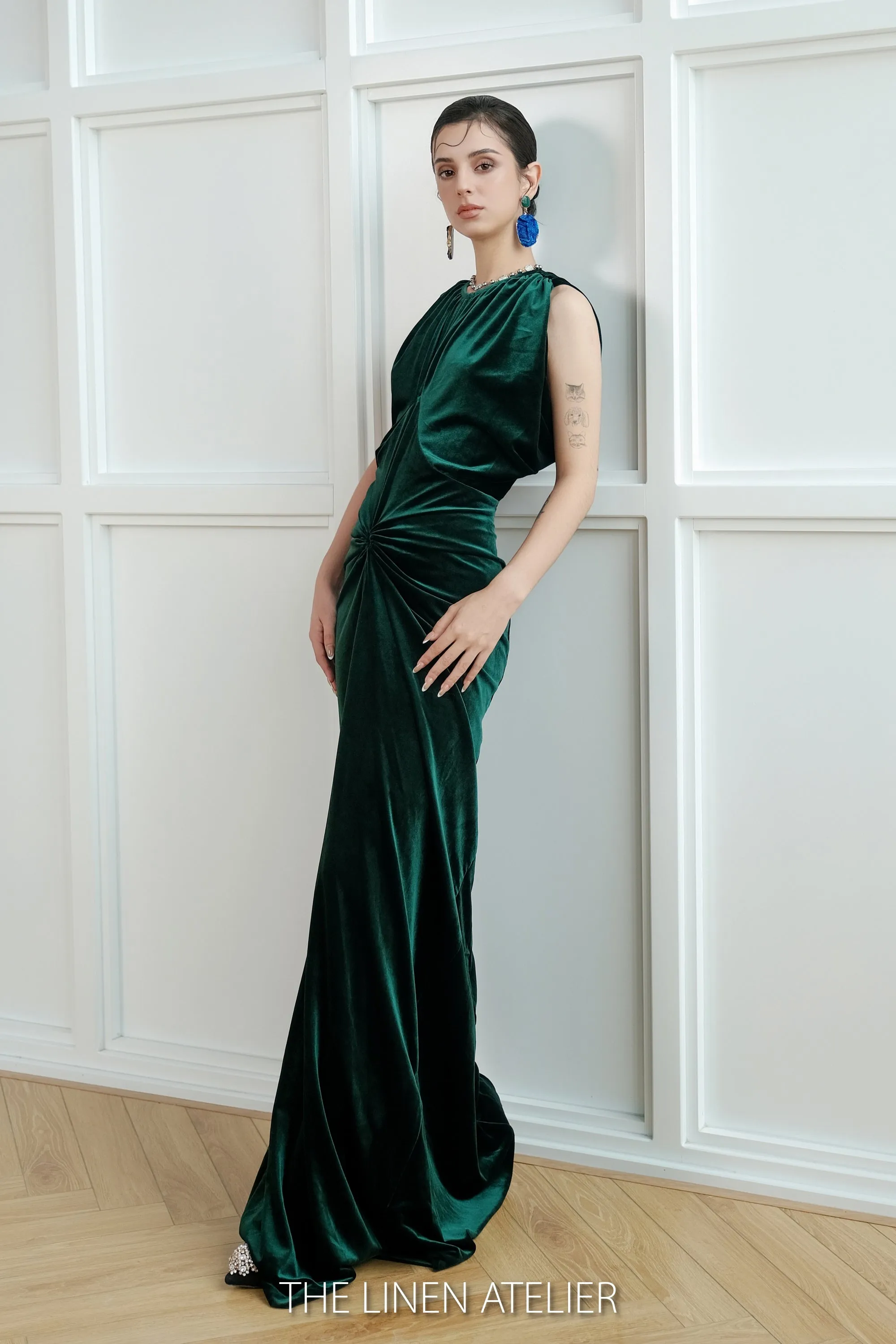 LINDSAY Draped Sleeves Velvet Evening Gown