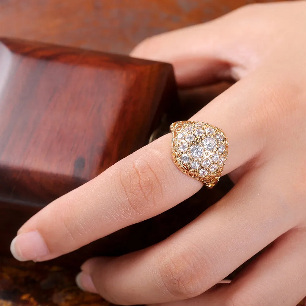 Luxury White Zircon Gold Color Rings Female Round Rhinestone Inlay Ring For Bridal Engagement Jewelry