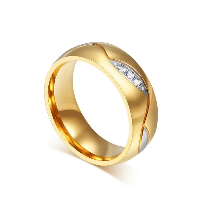 Meaeguet Classic Couple Rings For Lover's Cubic Zirconia Wedding Ring Gold-Color Stainless Steel Anel Jewelry