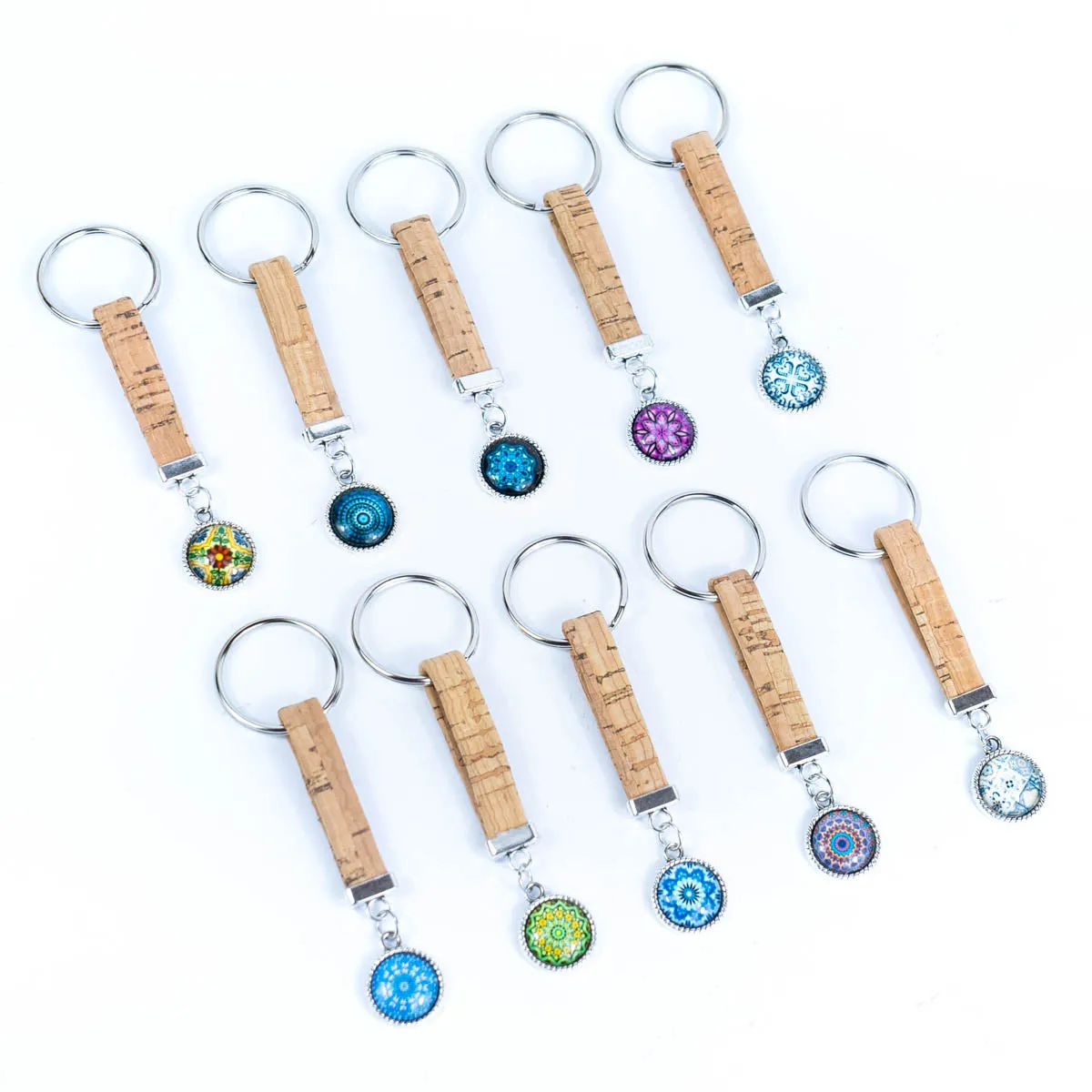 natural cork with 10 different styles of pendants handmade keychains I-110-MIX-10