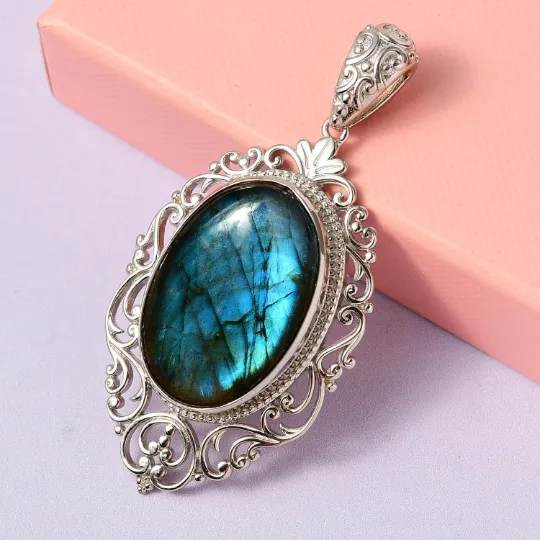 Natural Oval Cut Labradorite Vintage Cocktail Pendant For Women - 925 Solid Sterling Silver Pendant