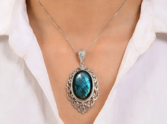 Natural Oval Cut Labradorite Vintage Cocktail Pendant For Women - 925 Solid Sterling Silver Pendant