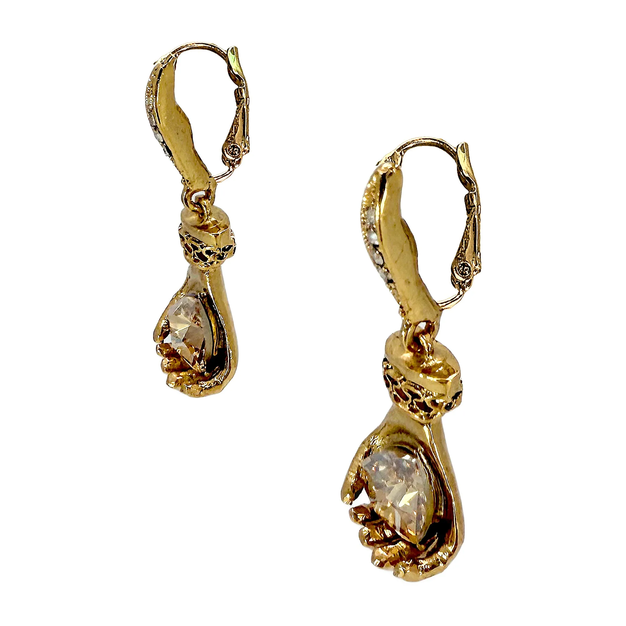 Oscar de la Renta Gold-Plated Glove Earrings with Crystal Heart Stone, 1.5" Long