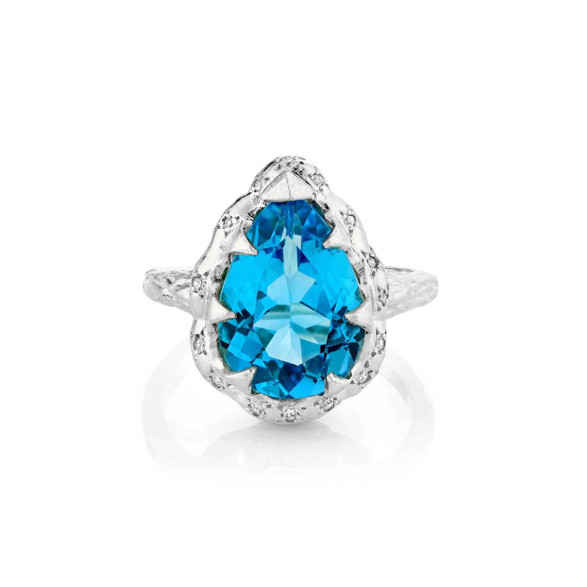 Queen Water Drop Blue Topaz Ring with Sprinkled Diamonds