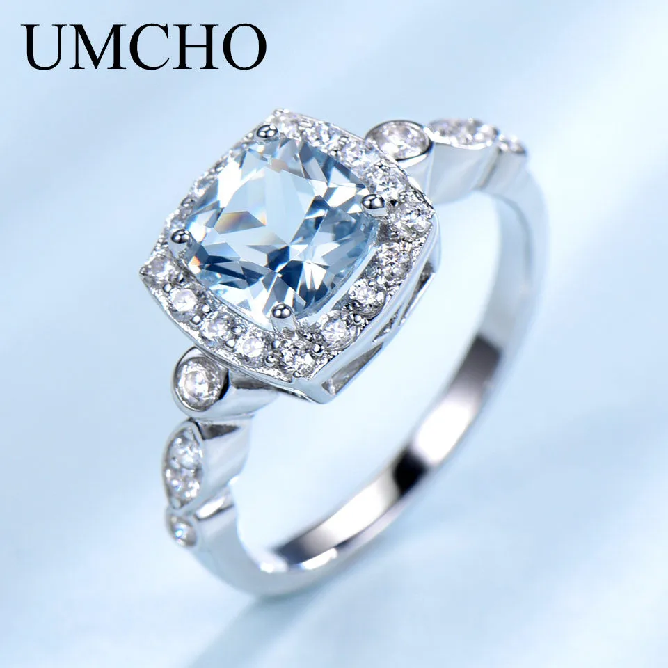 Real S925 Sterling Silver Rings for Women Blue Topaz Ring Gemstone
