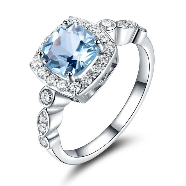 Real S925 Sterling Silver Rings for Women Blue Topaz Ring Gemstone