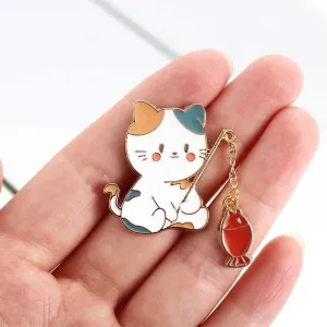 Red Fashion Cat Fishing Design Metal Enamel Brooch,for Women Men Jewelry Accessories Friend Gift Decoration Badge Pin Brooches and Pins