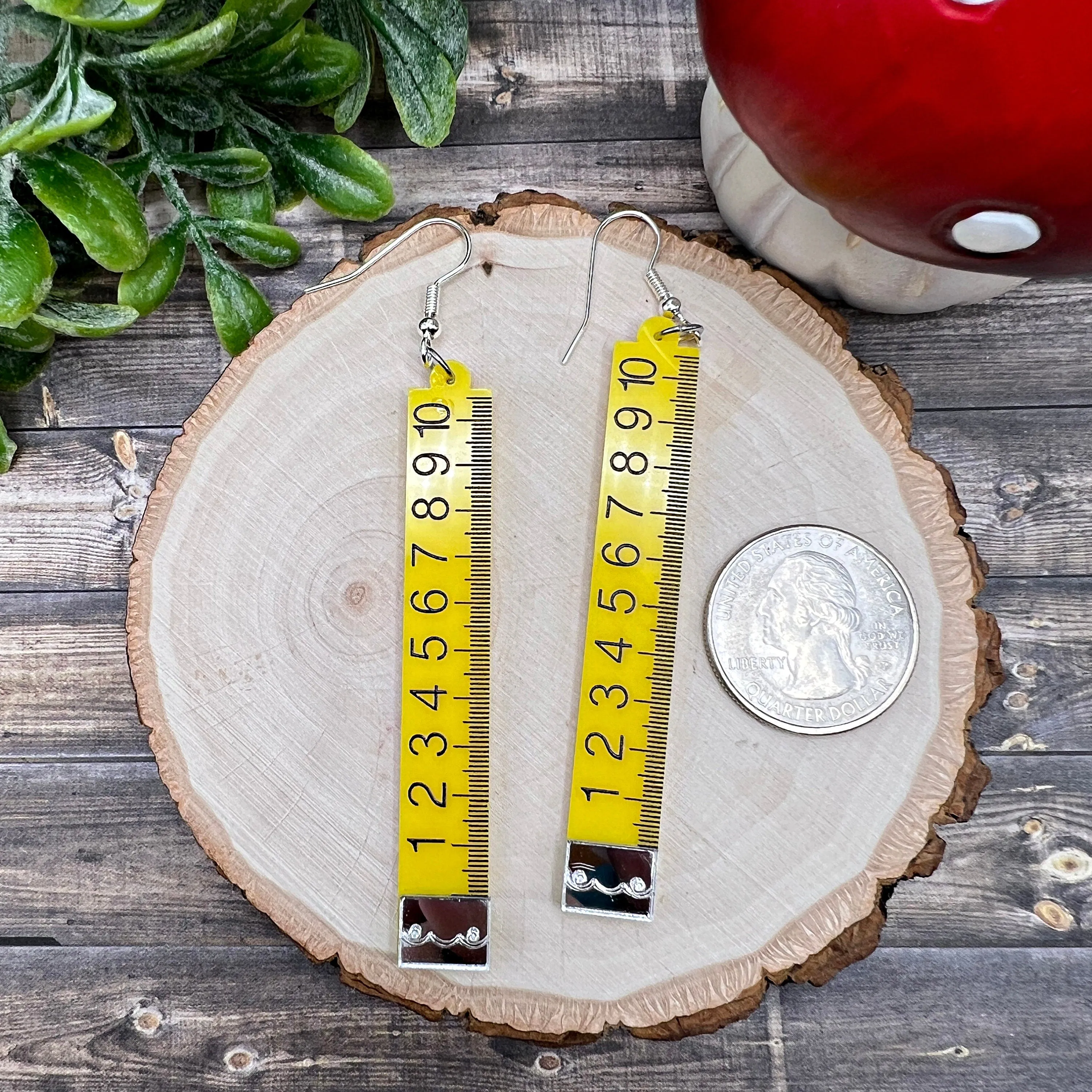 Ruler School Teacher Student Construction Tape Measure Acrylic Silver/Silver-tone  Earrings, Hypoallergenic Gift