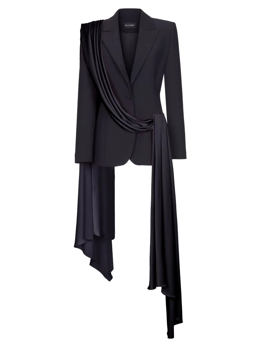 Single-breasted draped crepe and satin blazer with train