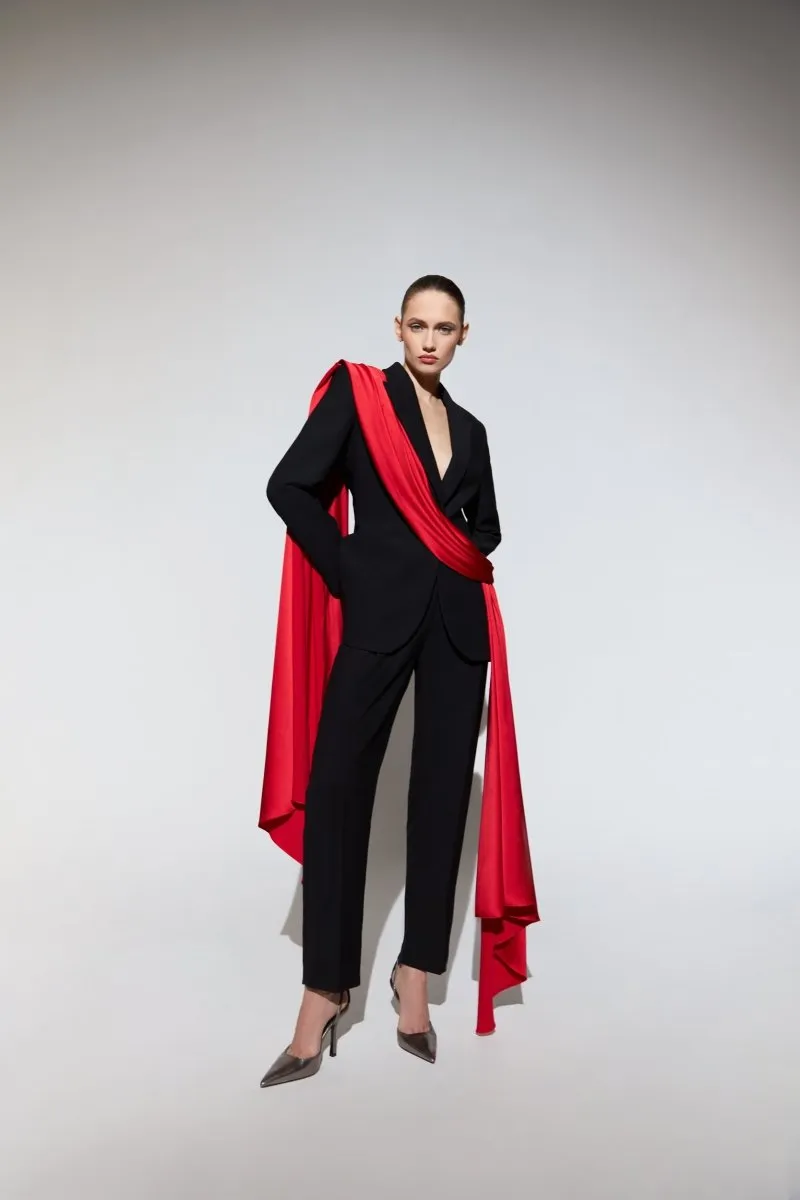 Single-breasted draped crepe and satin blazer with train