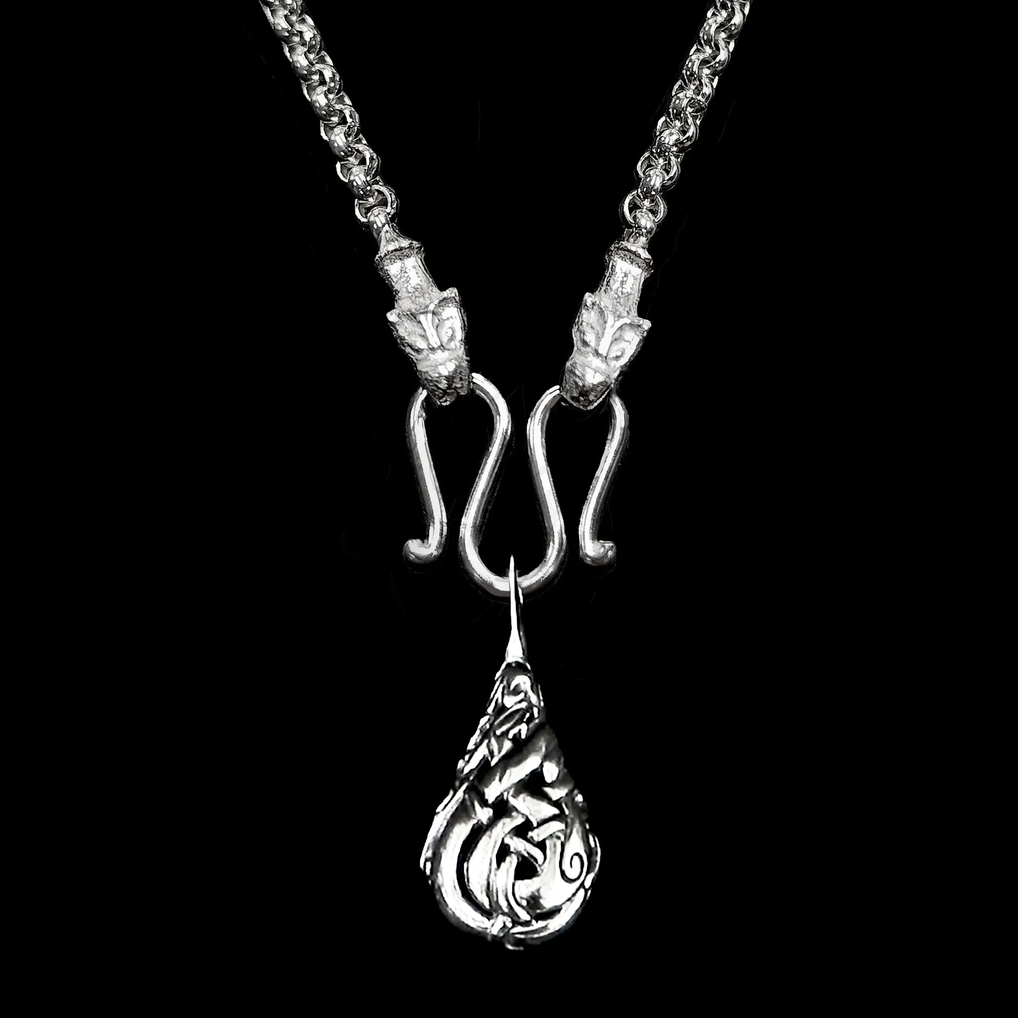 Slim Silver Anchor Chain Pendant Necklace with Icelandic Wolf Heads