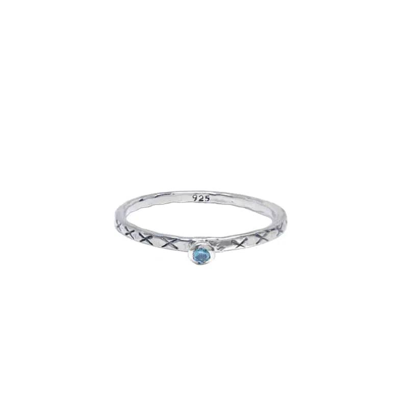 Sterling Etched Stacking Ring with Blue Topaz
