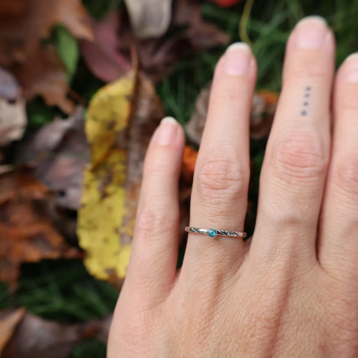 Sterling Etched Stacking Ring with Blue Topaz
