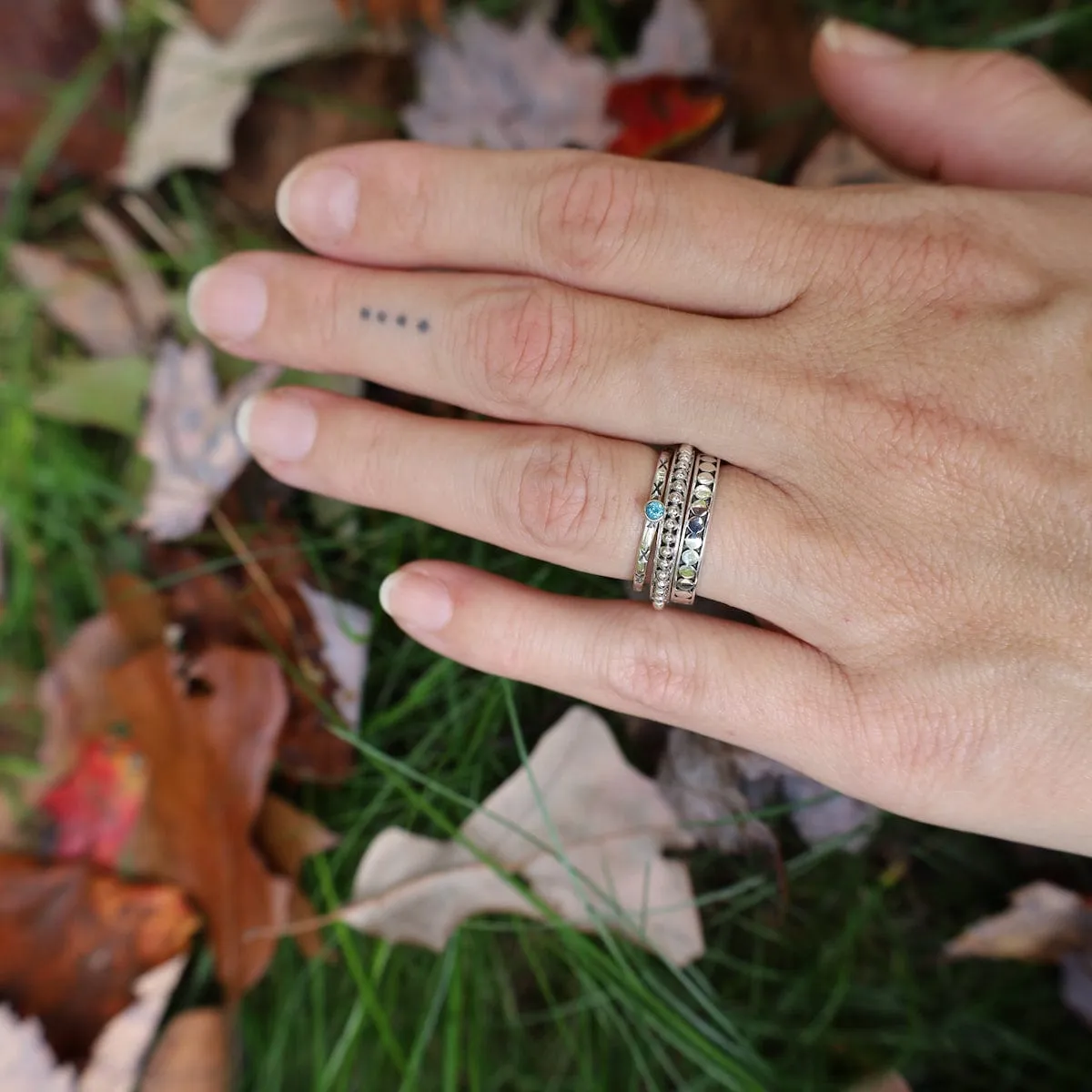 Sterling Etched Stacking Ring with Blue Topaz