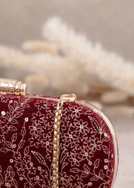 Thea velvet embroidered clutch - maroon