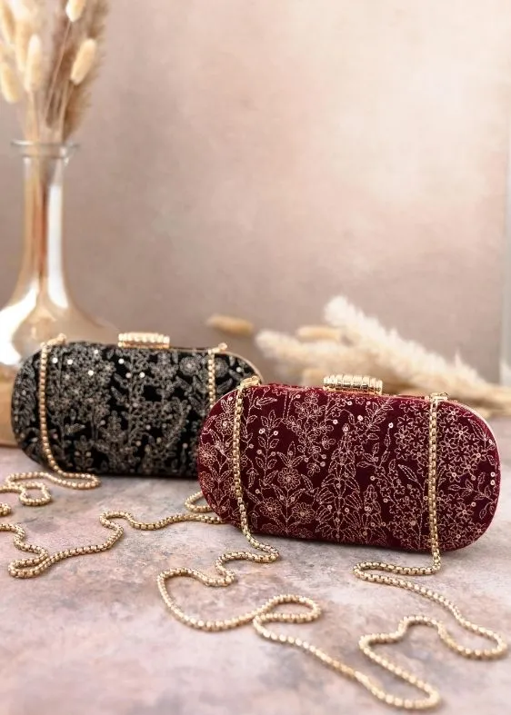 Thea velvet embroidered clutch - maroon